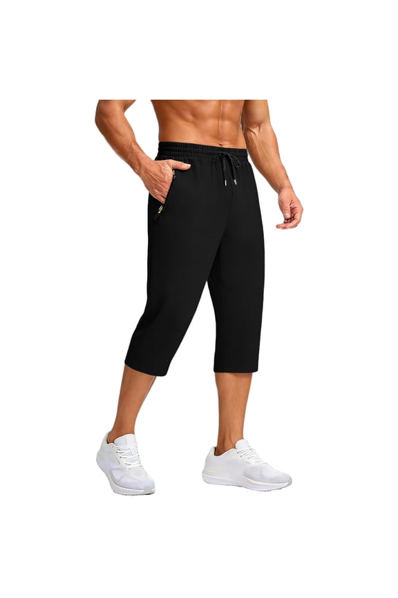 Mens Casual Style Athletic Fit Drawstring Waist Elastic Waist Capri Pants Drawstring Closure Zipper Pockets Black S