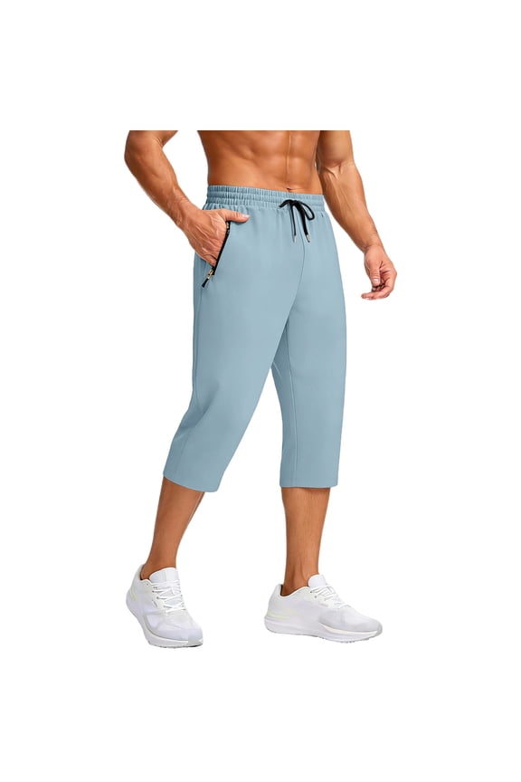 Mens Casual Style Athletic Fit Drawstring Waist Elastic Waist Capri Pants Drawstring Closure Zipper Pockets Blue S