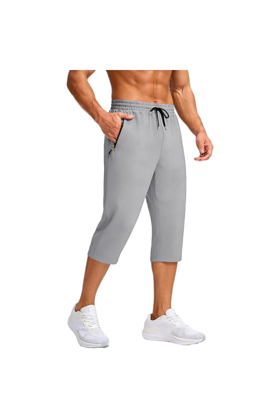 Mens Casual Style Athletic Fit Drawstring Waist Elastic Waist Capri Pants Drawstring Closure Zipper Pockets Gray S