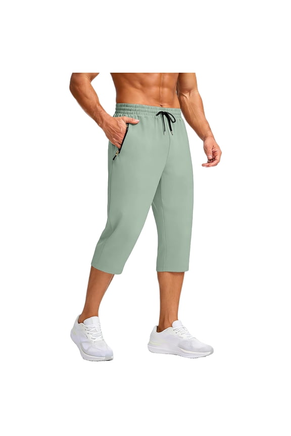 Mens Casual Style Athletic Fit Drawstring Waist Elastic Waist Capri Pants Drawstring Closure Zipper Pockets Green S