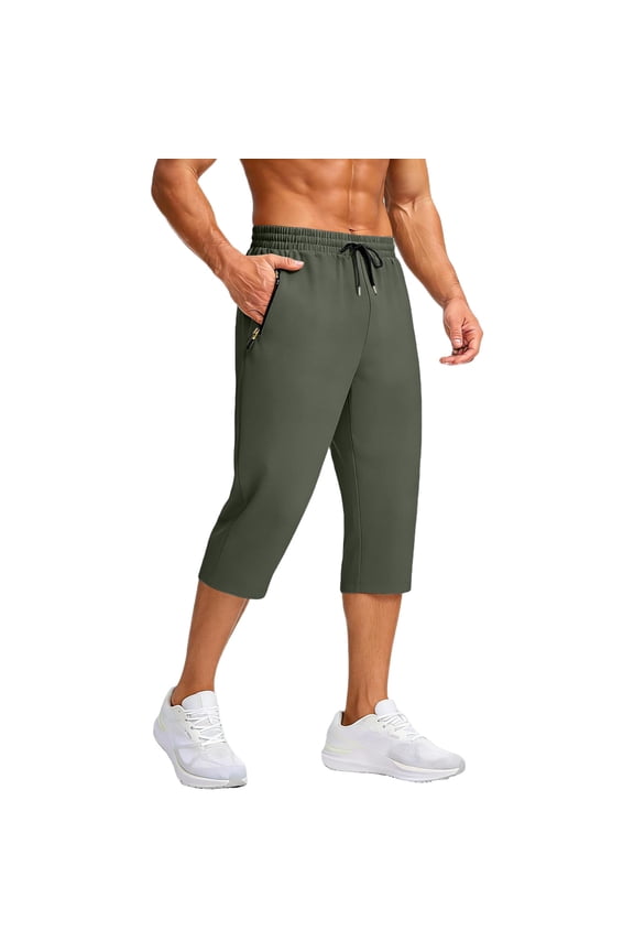 Mens Casual Style Athletic Fit Drawstring Waist Elastic Waist Capri Pants Drawstring Closure Zipper Pockets Green S
