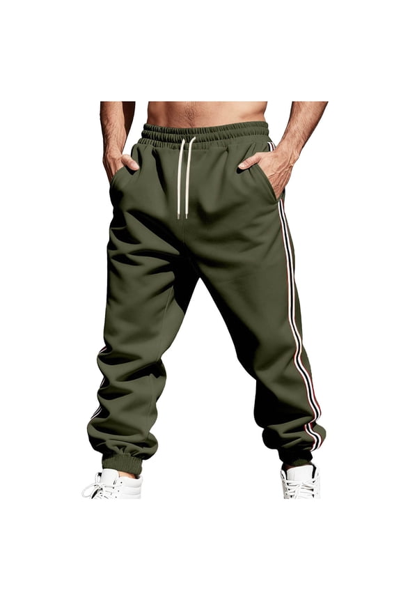 Mens Casual Style Athletic Fit Fleece Lined Loose Fit Long Pants Elastic Waist Drawstring Closure Zipper Straight Green S