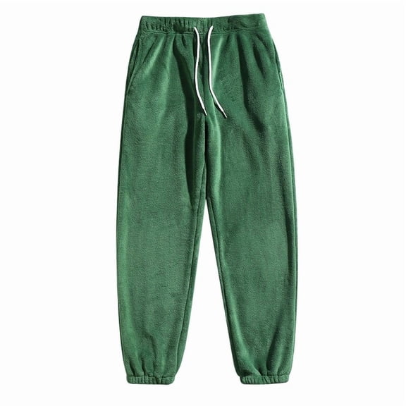 Timoontee Mens Casual Style Home Wear Warm Thermal Fleece Lined Long Pants Elastic Waist Drawstring Closure Zipper Green S