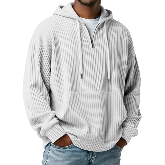 Timoontee Mens Hoodies Casual Sweatshirts Loose Long Sleeve Tops Spring Fall Drawstring Hoodie Quarter Zip Pullover with Pocket White XL