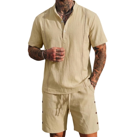 Timoontee Mens Lightweight Summer Beach Vacation Sets Solid 2 Piece Outfits Casual Tracksuits Short Sleeve Button Mock Neck Shirts with Drawstring Shorts Khaki L