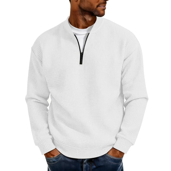 Timoontee Mens Mock Neck Shirts Waffle T-Shirt Solid Long Sleeve Tops Quarter Zip Up Pullover Loose Daily Casual Tops White M