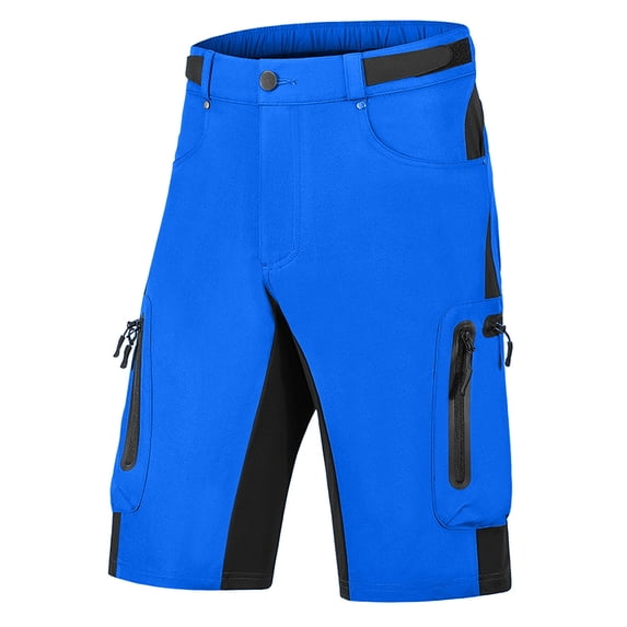 Timoontee Mens Mountain Bike Shorts Button Closure Contrast Panel Design Water Resistant Fabric for Cycling Blue L