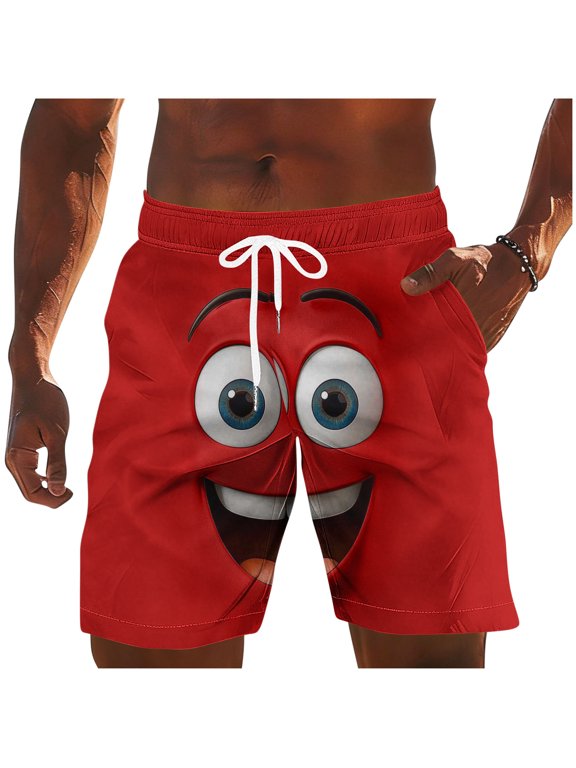 Mens Quick Dry Beach Shorts Cute Funny Face Print Shorts Summer Swim Trunks Novelty Beachwear Lightweight Elastic Waist Drawstring Shorts Red S