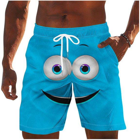 Timoontee Mens Quick Dry Beach Shorts Cute Funny Face Print Shorts Summer Swim Trunks Novelty Beachwear Lightweight Elastic Waist Drawstring Shorts Sky Blue M