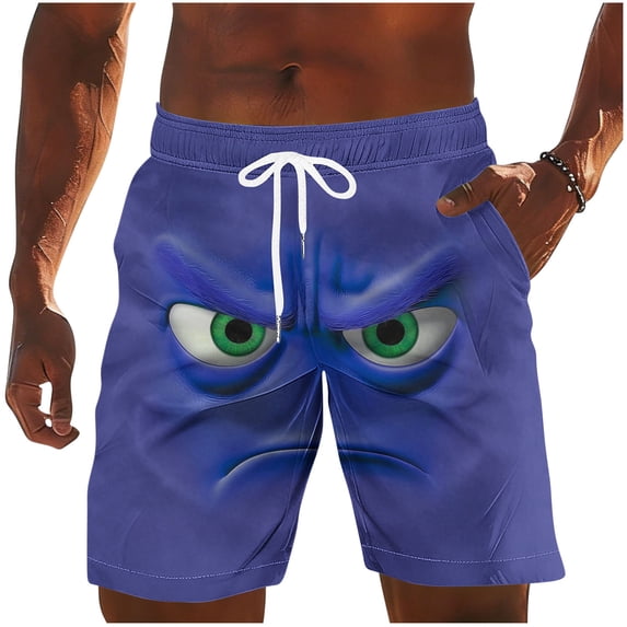 Timoontee Mens Quick Dry Beach Shorts Cute Funny Face Print Shorts Summer Swim Trunks Novelty Beachwear Lightweight Elastic Waist Drawstring Shorts Sky Blue M