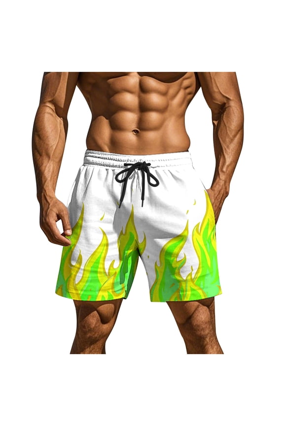 Mens Shorts Bold Flame Print Elastic Waist Drawstring Breathable Fabric for Street Fashion Green XXL