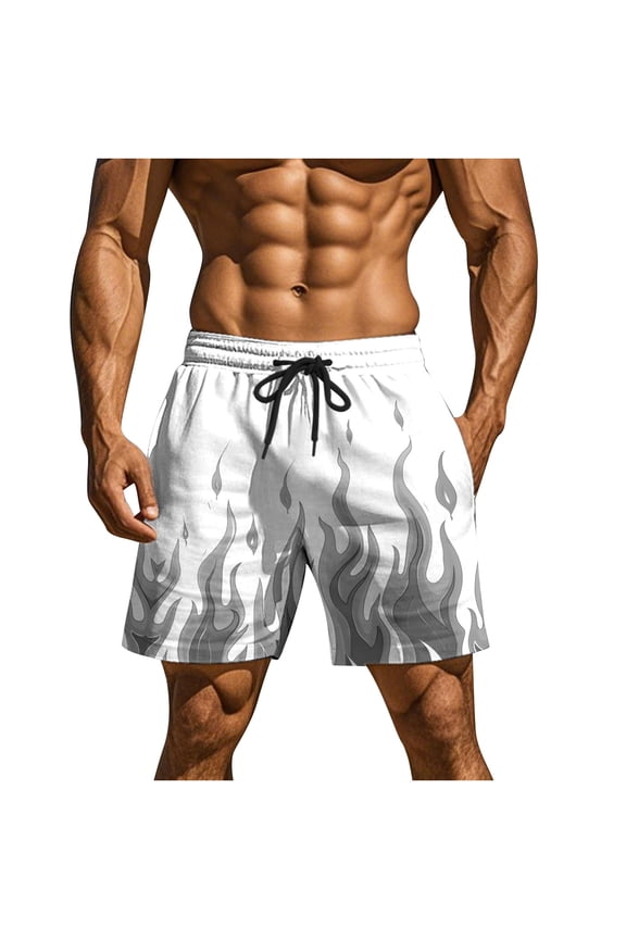 Mens Shorts Flame Print Elastic Waist Drawstring Design Quick Dry Fabric for Beach Vacations Gray XXL