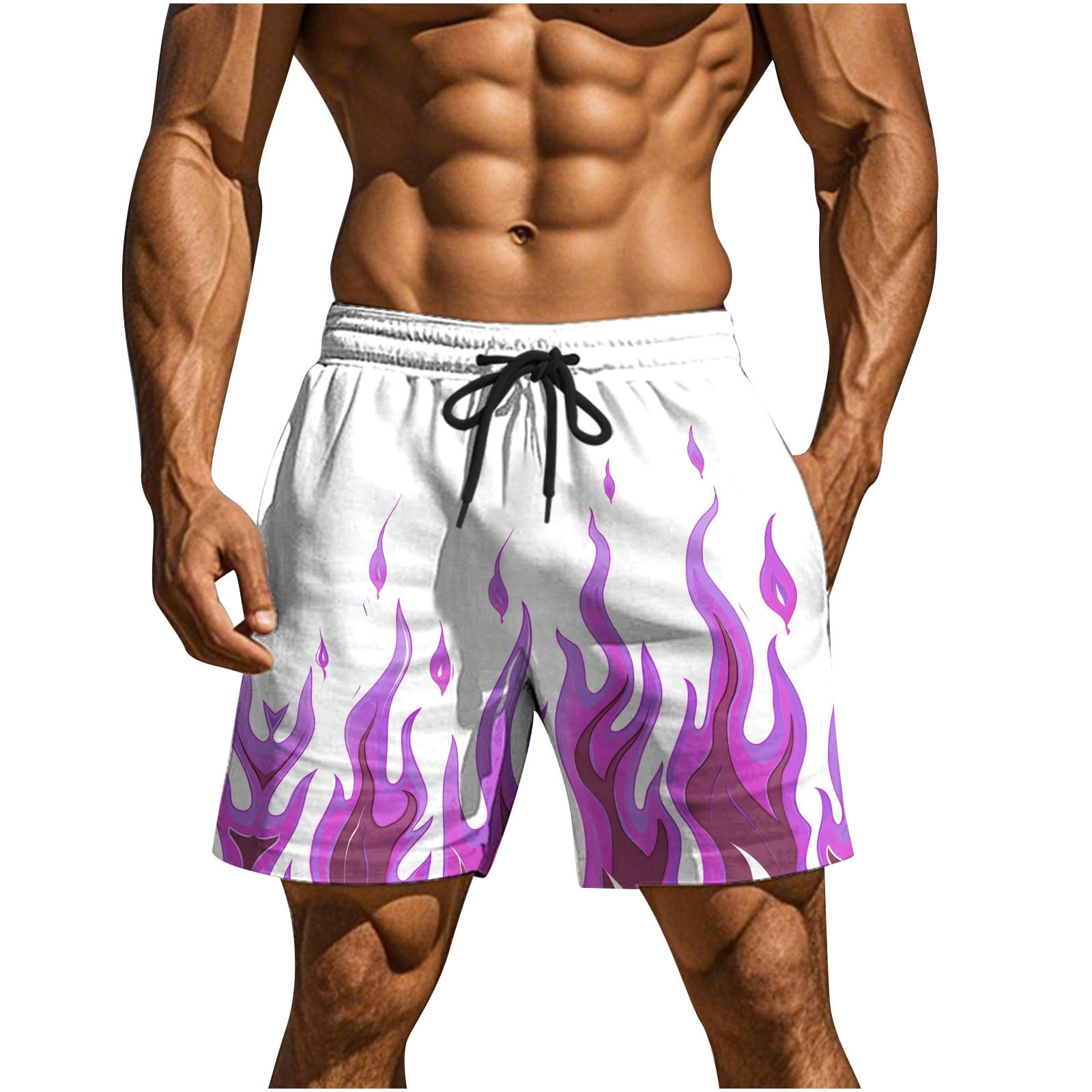 Mens Shorts Flame Print Elastic Waist Drawstring Design Quick Dry Fabric for Beach Vacations Purple S