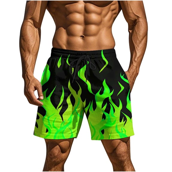 Timoontee Mens Shorts Vibrant Flame Print Elastic Waist Drawstring Design Quick Dry Fabric for Beach Vacations Green XXL