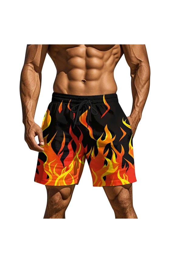 Mens Shorts Vibrant Flame Print Elastic Waist Drawstring Design Quick Dry Fabric for Beach Vacations Orange XL