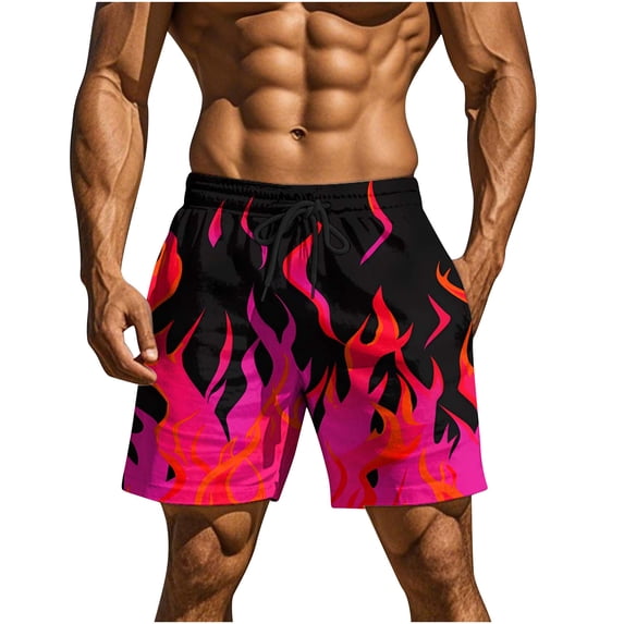 Timoontee Mens Shorts Vibrant Flame Print Elastic Waist Drawstring Design Quick Dry Fabric for Beach Vacations Pink XXL