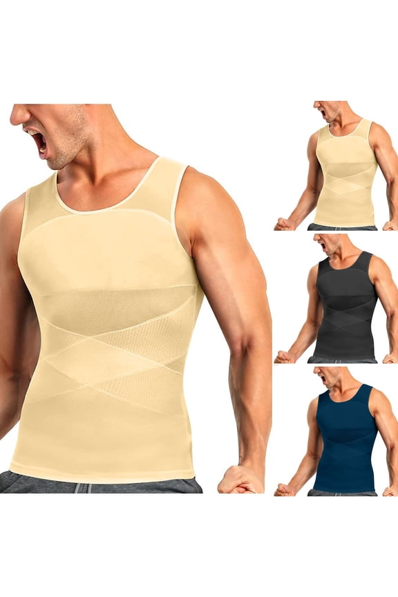 Mens Sleeveless Top Compression Muscle Fit Crew Neck Sleeveless Silhouette Moisture Wicking Fabric for Gym Training Beige L
