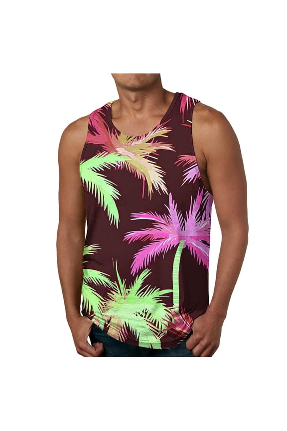 Mens Sleeveless Top Neon Palm Tree Print Crew Neck Sleeveless Silhouette Breathable Fabric for Summer Night Outings Brown XXL