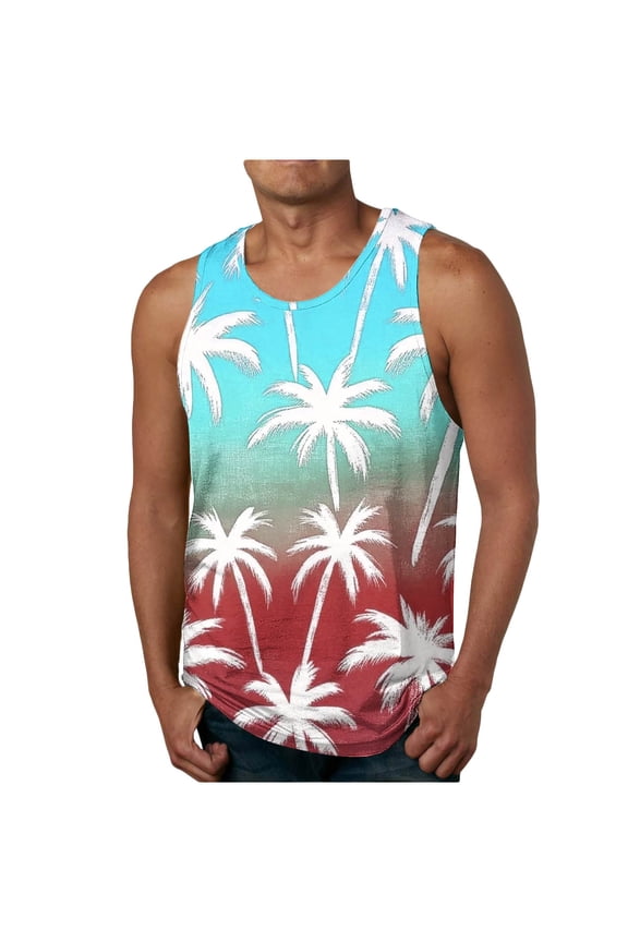 Mens Sleeveless Top Palm Tree Gradient Print Sleeveless Silhouette Lightweight Fabric for Beach Vacations Yellow XL