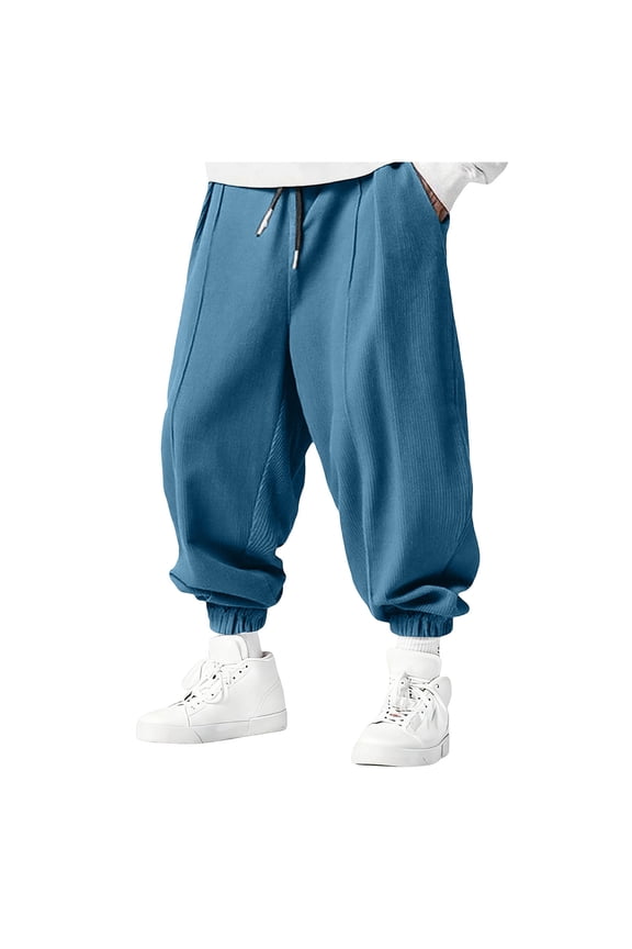 Mens Stretch Fabric Cuffed Ankle Drawstring Waist Corduroy Fabric Long Pants Elastic Waist Drawstring Closure Blue M