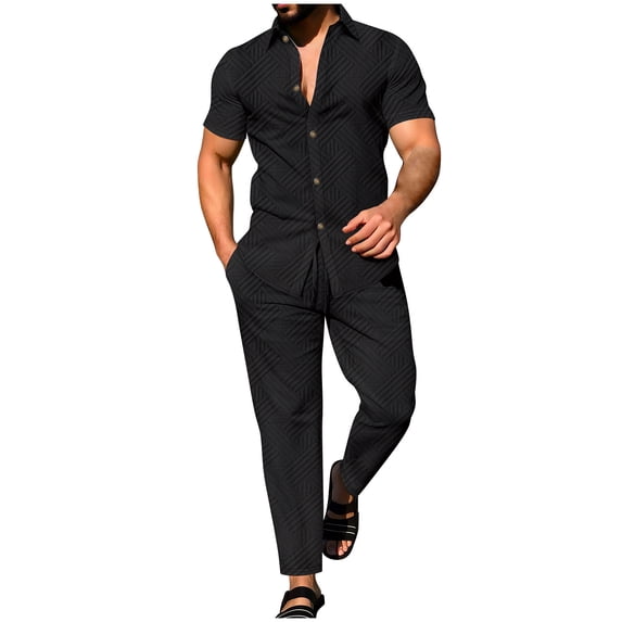 Timoontee Mens Summer Outfits 2 Piece Casual Tracksuits Short Sleeve Collared Button Down Shirt with Drawstring Pant Sets Beach Vacation & Daily Outfits Black XXXL
