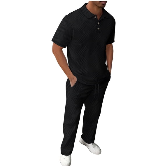Timoontee Mens Summer Outfits 2 Piece Casual Tracksuits Short Sleeve Collared Quarter Button Shirt with Drawstring Pant Sets Beach Vacation & Daily Outfits Black M
