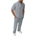 thumbnail image 1 of Timoontee Mens Summer Outfits 2 Piece Casual Tracksuits Short Sleeve Collared Quarter Button Shirt with Drawstring Pant Sets Beach Vacation & Daily Outfits Gray M, 1 of 5