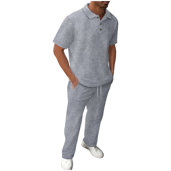 Timoontee Mens Summer Outfits 2 Piece Casual Tracksuits Short Sleeve Collared Quarter Button Shirt with Drawstring Pant Sets Beach Vacation & Daily Outfits Gray M