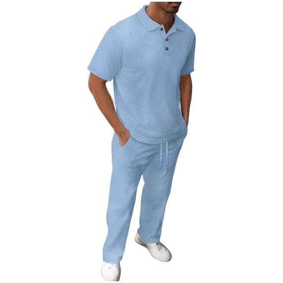 Timoontee Mens Summer Outfits 2 Piece Casual Tracksuits Short Sleeve Collared Quarter Button Shirt with Drawstring Pant Sets Beach Vacation & Daily Outfits Sky Blue XXL