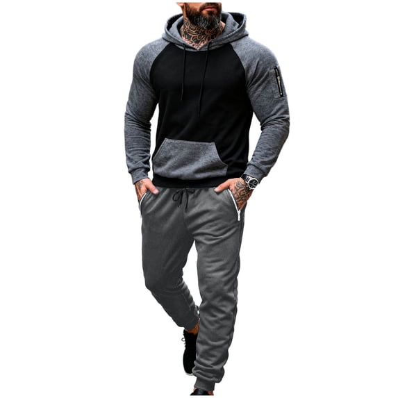 Timoontee Mens Sweatsuits 2 Piece Set Color Block Long Sleeve Hoodies with Jogging Sweatpants Track Suits for Casual Daily & Travel & Streetwear Black L
