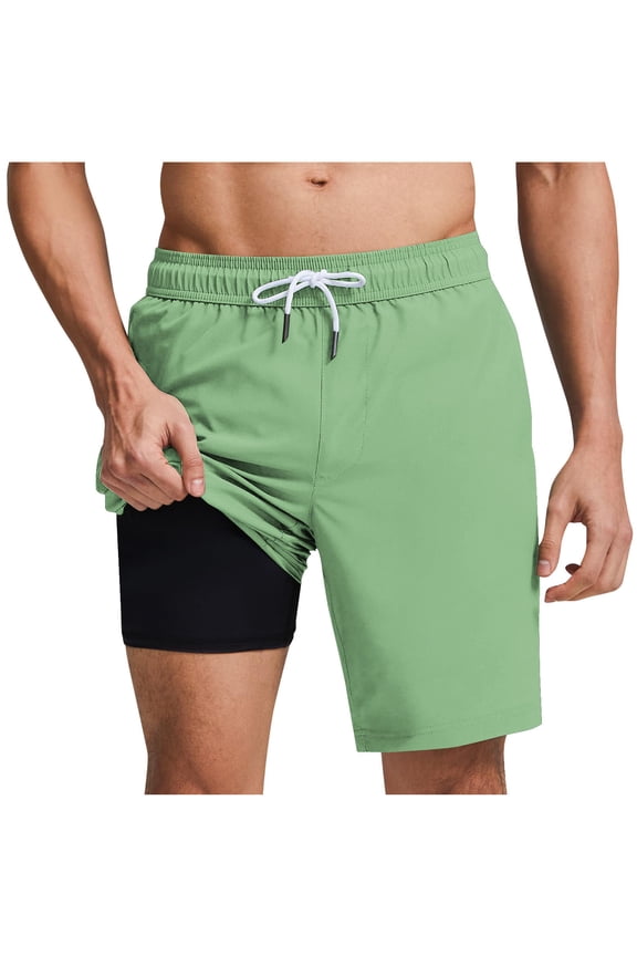 Mens Swim Trunks Lightweight Summer Beach Shorts 2 in 1 Athletic Shorts Elastic Waist Drawstring Running Shorts with Compression Liner Green S