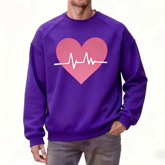 Timoontee Mens Valentine Sweatshirt Romantic Heart Printed Shirt Comfort Long Sleeve Crewneck Pullover Tops Valentine's Day Gift for Men Purple S