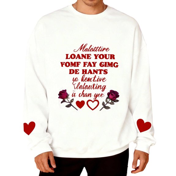 Timoontee Mens Valentine Sweatshirt Romantic Heart Printed Shirt Comfort Long Sleeve Crewneck Pullover Tops Valentine's Day Gift for Men White S