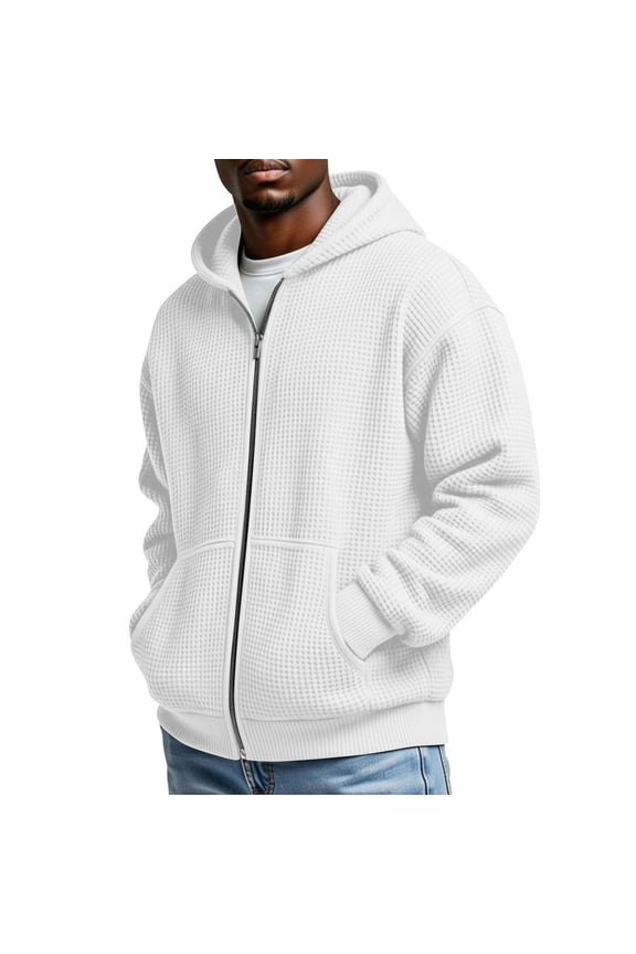 Mens Zip Up Sweatshirts Long Sleeve Waffle Textured Hoodies Lightweight Spring Fall Hooded Sweatshirt Solid Casual Hoodie White M