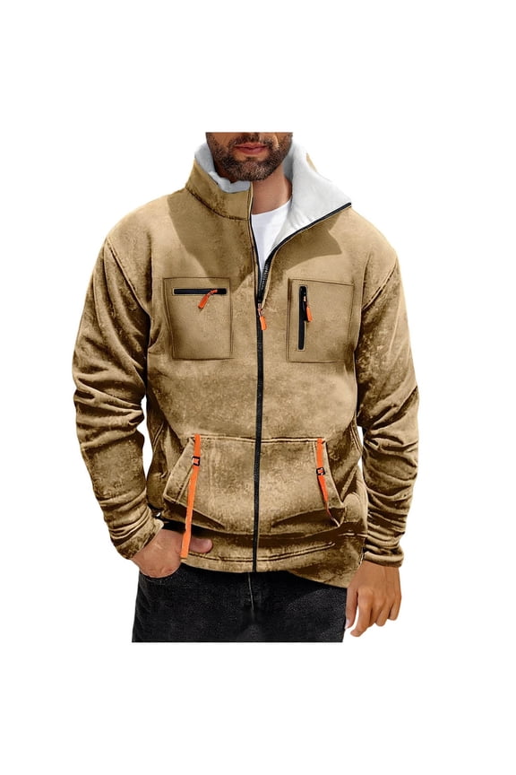 Military Jackets for Men Warm Fleece Line Jacket Daily Casual Jacket Solid Zip Up Jacket Coat Fall Winter Sweatshirt Jacket Khaki XL