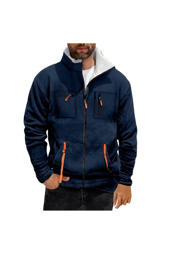 Military Jackets for Men Warm Fleece Line Jacket Daily Casual Jacket Solid Zip Up Jacket Coat Fall Winter Sweatshirt Jacket Navy XXXL
