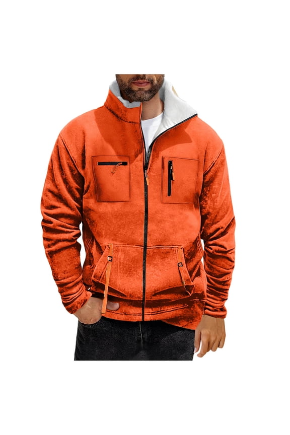 Military Jackets for Men Warm Fleece Line Jacket Daily Casual Jacket Solid Zip Up Jacket Coat Fall Winter Sweatshirt Jacket Orange XL