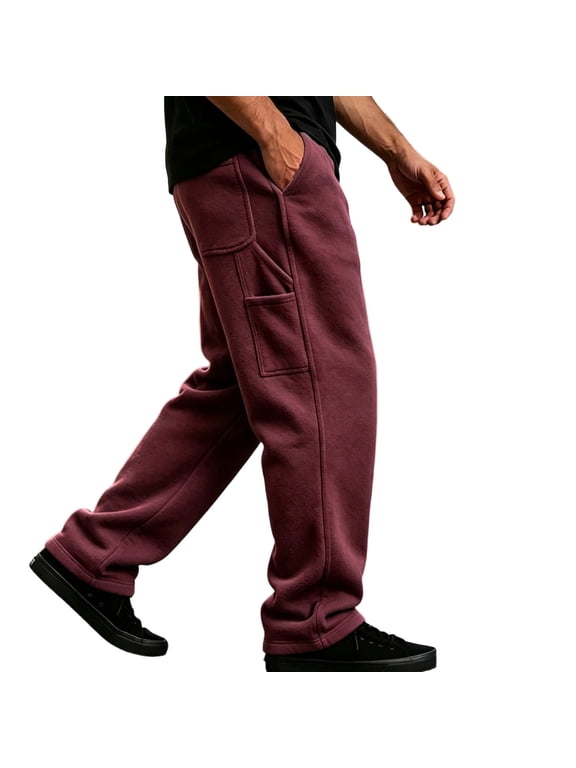 Pants Mens Fleece Carpenter Pants Side Tool Pocket Straight Leg Soft Thick Trousers For Fall Winter Casual Lounging Wear Red M