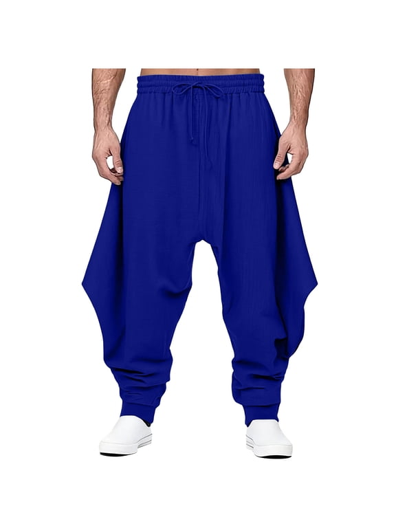 Pants Mens Harem Jogger Pants Drawstring Elastic Waist Baggy Drop Crotch Cotton Blend Trousers For Yoga Martial Arts Casual Wear Blue XL