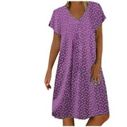 Timoontee Plus SIze Pencil Midi Dress for Women Flash Pick Trendy Classic Polka Dot Print Sun Dress V-Neck Beach Dress Cotton Linen Comfy Skater Dresses Daily Summer Raglan Sleeve Dress Purple XL