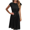 thumbnail image 1 of Timoontee Rollback Women's Plus Size Midi Beach Dress Daily Summer Cap Short Sleeve Dress Fashion Trendy Retro Solid Sundress Round Neck Beachdress Front Knot Tie Ruffle Skater Dresses Black XXL, 1 of 5