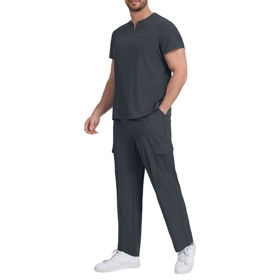 Timoontee Scrubs for Men Set Short Sleeve V-Neck Scrub Top & Drawstring Cargo Pant with Multi Pockets Lightweight 2 Piece Caregiver Uniform Gray S