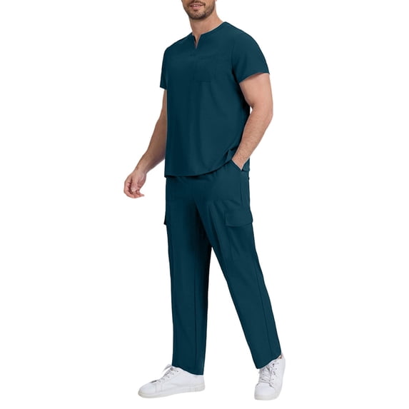 Timoontee Scrubs for Men Set Short Sleeve V-Neck Scrub Top & Drawstring Cargo Pant with Multi Pockets Lightweight 2 Piece Caregiver Uniform Green S