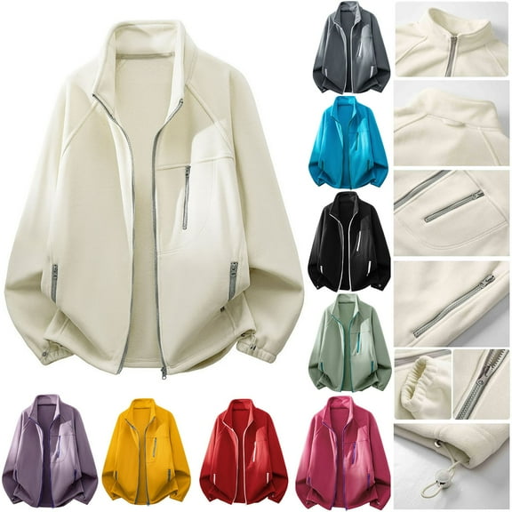 Timoontee Sherpa Jacket Men Comfy Long Sleeve Stand Jacket Windproof Warm Jacket Daily Casual Jacket Solid Full Zip Jacket with Zip Pockets White M