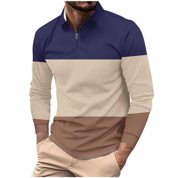 Timoontee Shirts for Men Modern Fit Long Sleeve Lapel Pullover Casual T-Shirts Lightweight Workout Color Block Zipper Tops Dark Blue XXXXXL