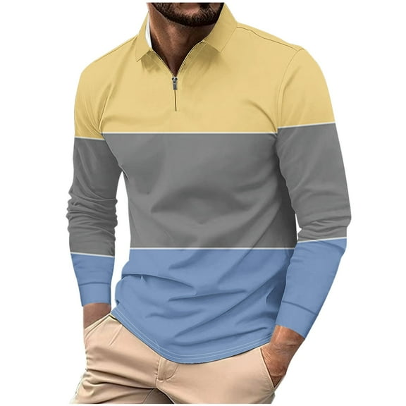 Timoontee Shirts for Men Modern Fit Long Sleeve Lapel Pullover Casual T-Shirts Lightweight Workout Color Block Zipper Tops Yellow L
