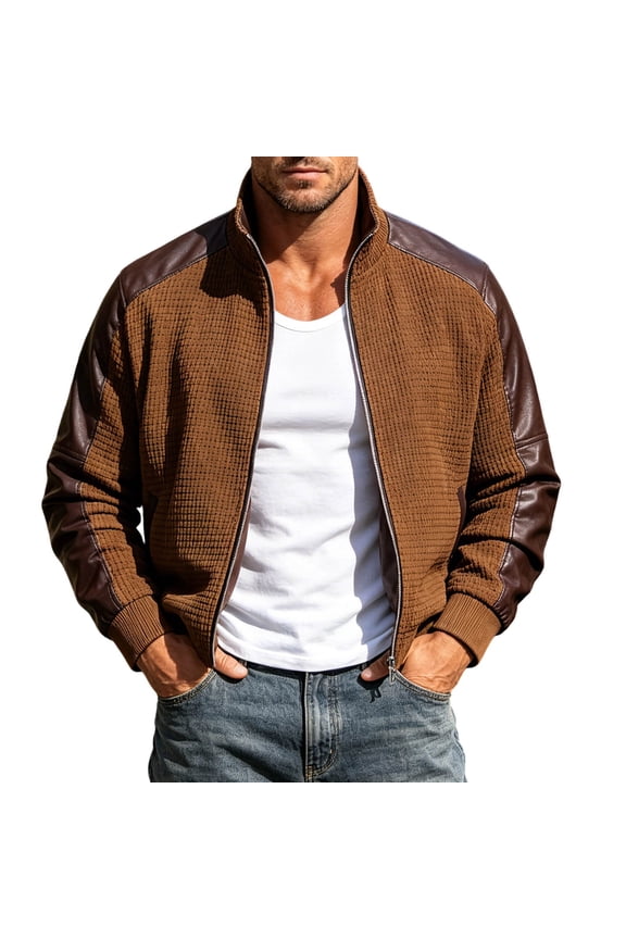 Stand-collar Knit Patchwork Leather Jacket Vintage Texture Casual Patchwork Zip-up Flight Baseball Jacket Versatile Workwear Short Coat For Men Brown S