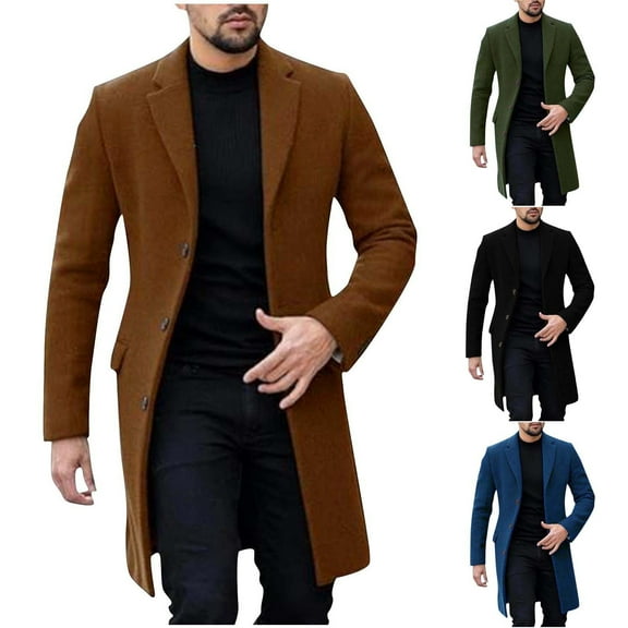 Timoontee Stylish Long Trench Coat for Men Casual Long Sleeve Notched Collar Jacket Coat Solid Double Breasted Pea Coat Fall Winter Overcoat Navy XXL