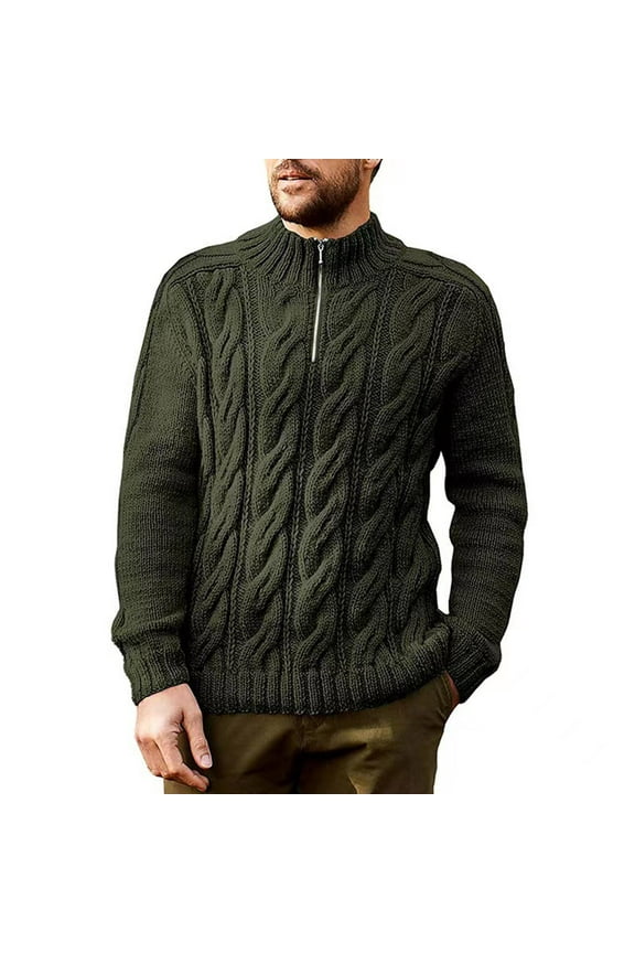 Sweaters for Men Long Sleeve Stand Collar Sweater Cable Knit Sweater Solid Quarter Zip Pullover Tops Fall Winter Casual Warm Sweaters Army Green L