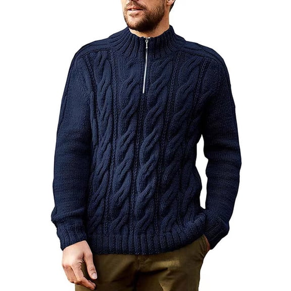 Timoontee Sweaters for Men Long Sleeve Stand Collar Sweater Cable Knit Sweater Solid Quarter Zip Pullover Tops Fall Winter Casual Warm Sweaters Navy XXXL